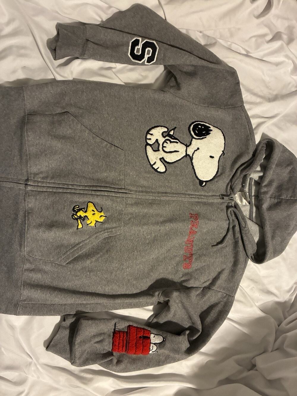 Peanuts Snoopy Small Woodstock Full Zip Hoodie Gray Embroidered Sweatshirt